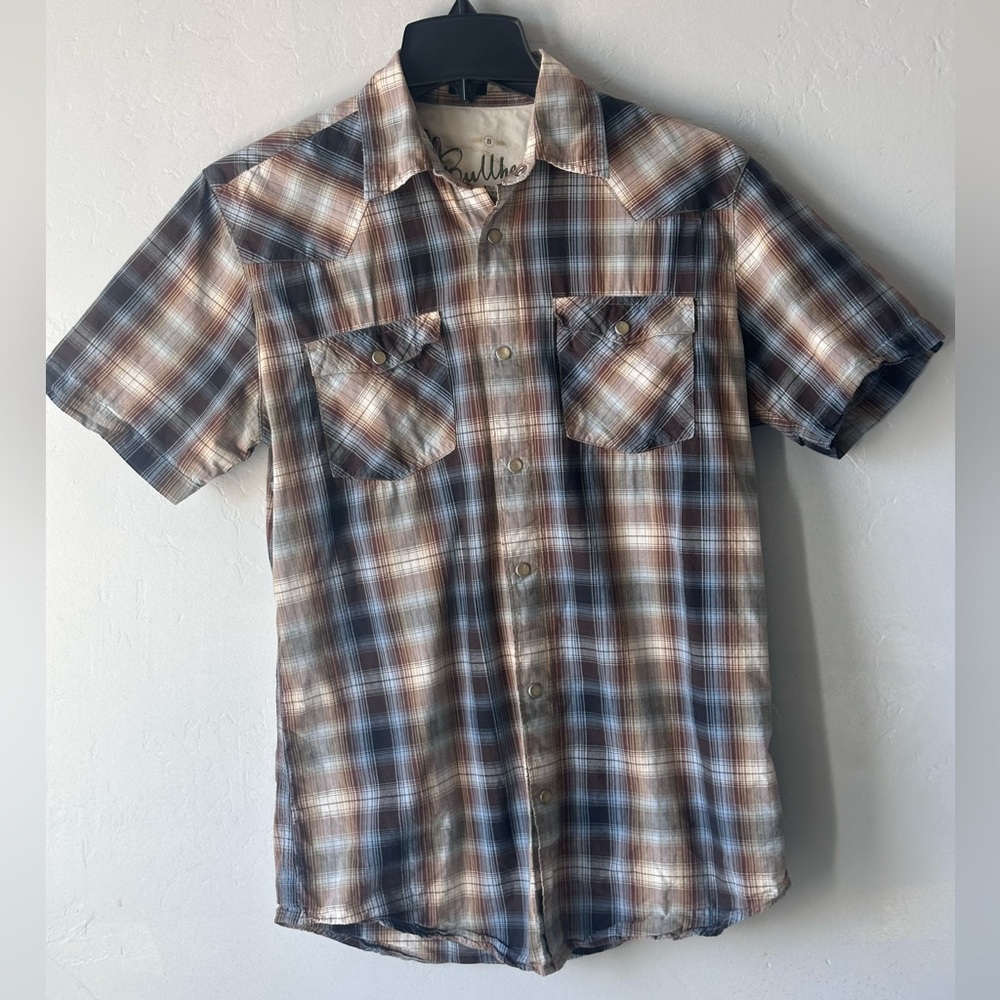 Bullhead Men's Plaid Brown Short Sleeve Shirt Snap Pearl Small
